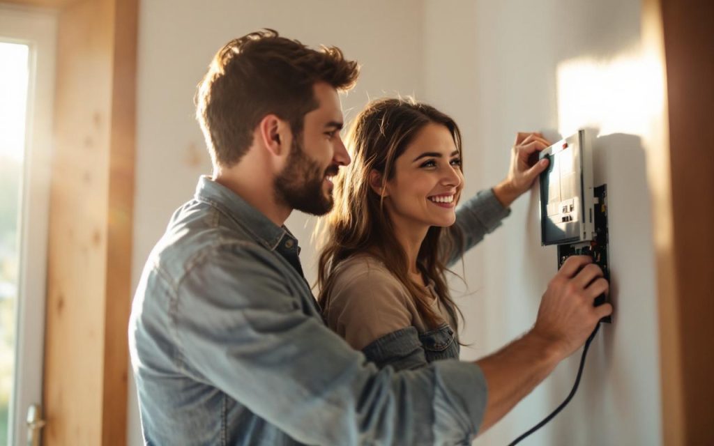 Jeune couple examine le tableau électrique d'une maison neuve dans un couloir lumineux, l'un pointe vers les disjoncteurs tandis que l'autre tient un carnet, ambiance naturelle et chaleureuse.
