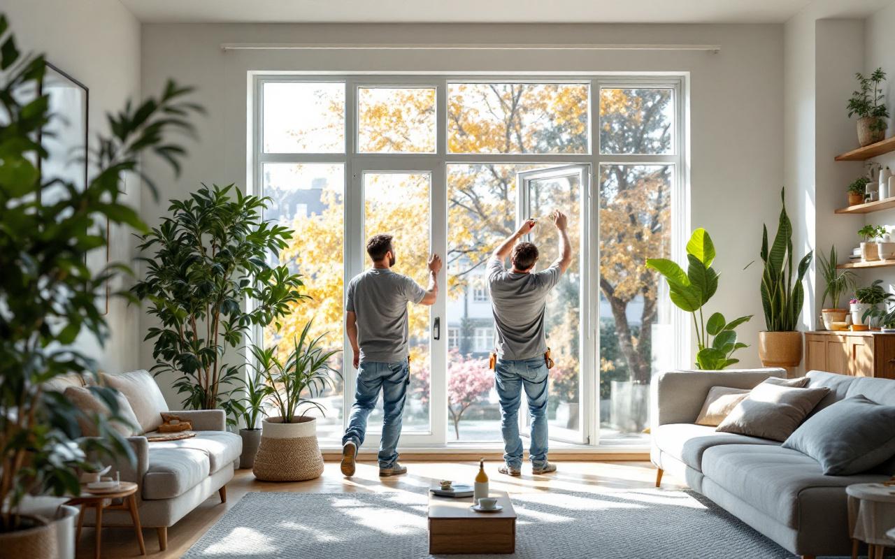 Deux artisans installent de nouvelles fenêtres écoénergétiques dans un salon lumineux aux murs blancs et meubles en bois clair, plantes d'intérieur, rayons de soleil volumétriques traversant la pièce, ambiance réaliste et chaleureuse.