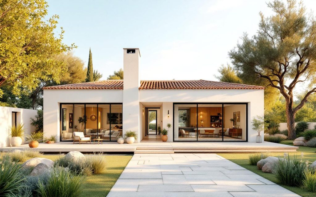 Photo réaliste d'une maison moderne en climat méditerranéen ensoleillé, murs blancs et toit en terre cuite, grandes fenêtres à double vitrage reflétant le ciel azur, terrasse en pierre et oliviers baignés d'une lumière dorée douce.