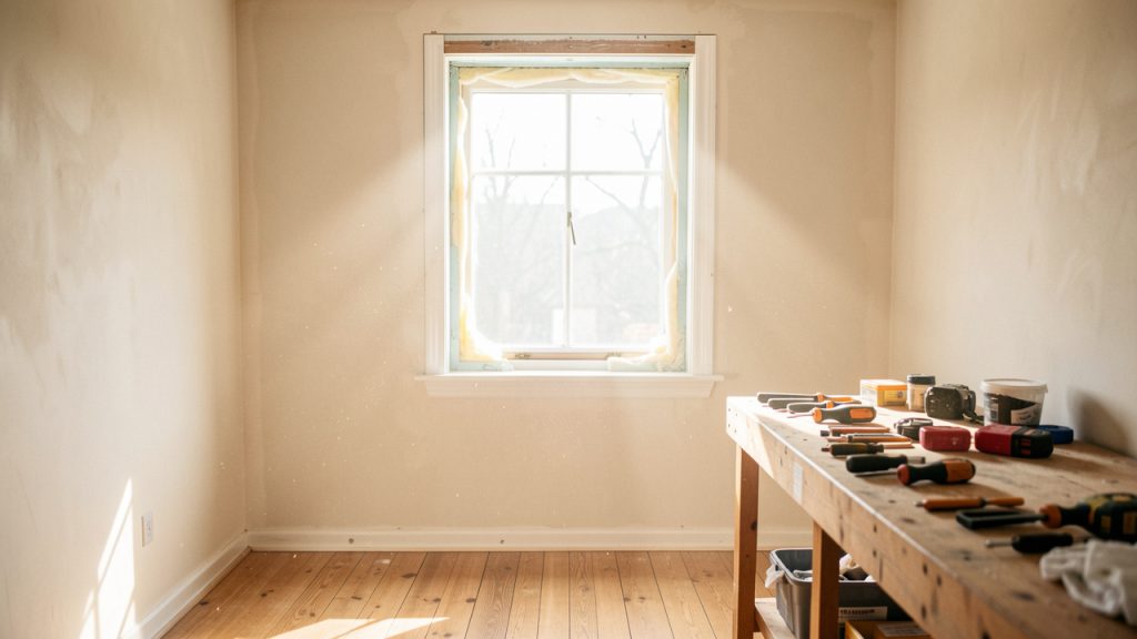 Intérieur d’une maison en rénovation, fenêtre isolée, murs clairs, outils de bricolage sur un établi, ambiance chaleureuse et lumière naturelle.
