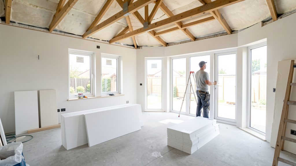 Maison en rénovation avec ambiance de chantier propre et lumineuse, isolation de la toiture et installation de nouvelles fenêtres.