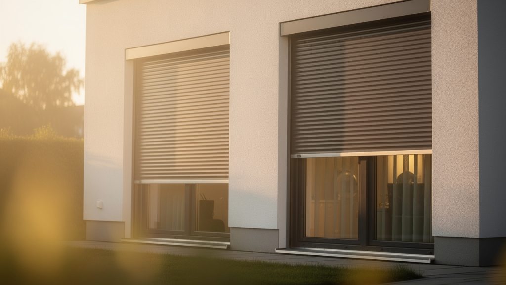 Maison moderne avec de grandes fenêtres, volets roulants fermés, et une ambiance intérieure tempérée, éclairage estival doux.