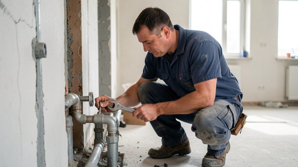 Un artisan inspecte et ajuste une installation de plomberie domestique dans une maison en rénovation, dans une ambiance de chantier propre.