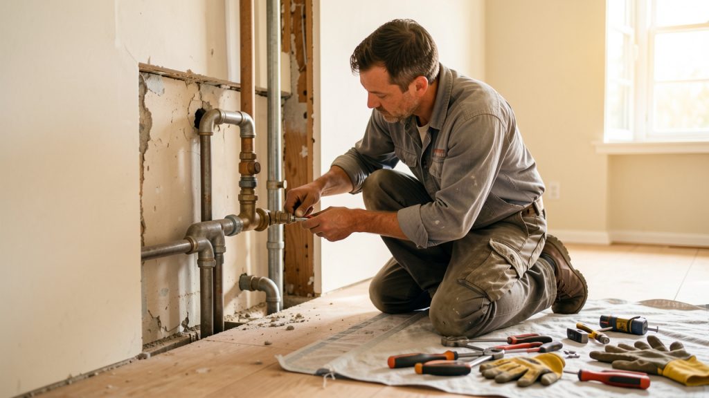 Un artisan plombier rénove des canalisations à l’intérieur d’une maison, avec outils et raccords visibles, dans une ambiance de chantier propre et ordonnée.
