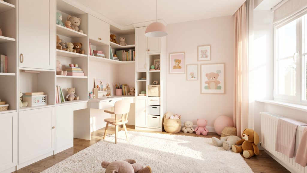 Chambre d’enfant lumineuse et évolutive avec rangements intégrés, bureau adapté, tapis doux et une décoration pastel et chaleureuse, vue grand angle à la lumière du matin.