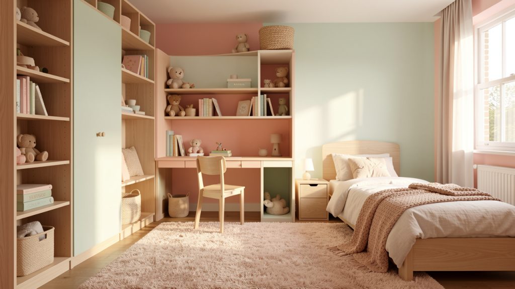 Chambre d’enfant lumineuse et chaleureuse avec rangements intégrés, un bureau évolutif, et un tapis doux au sol, éclairée par la lumière naturelle.
