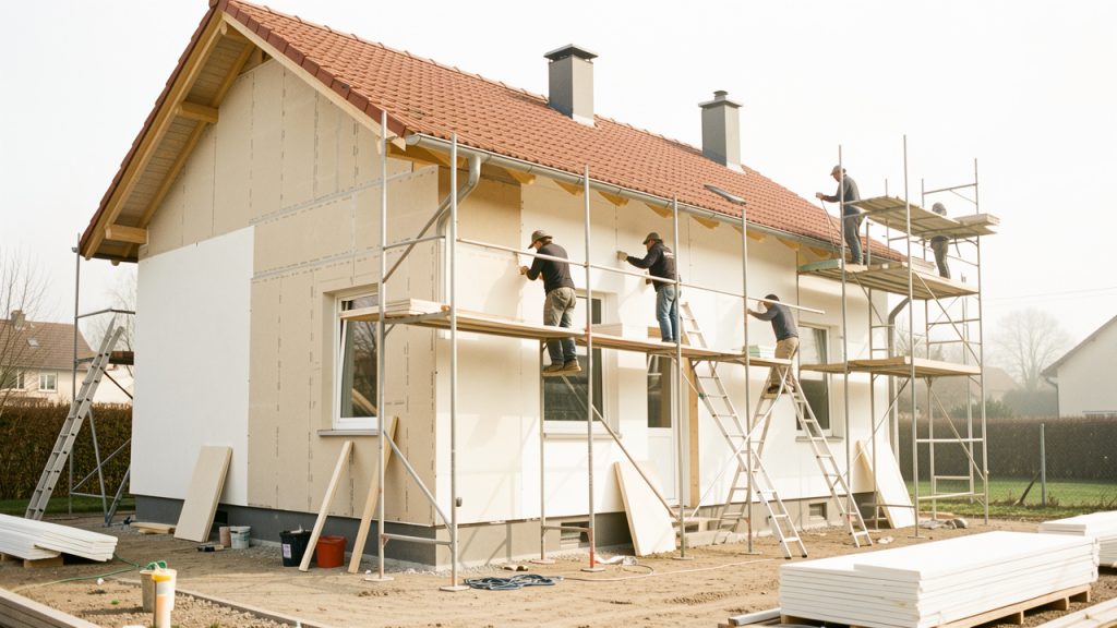 Maison en rénovation énergétique avec artisans travaillant sur l’isolation de la façade, ambiance de chantier propre et lumineuse.