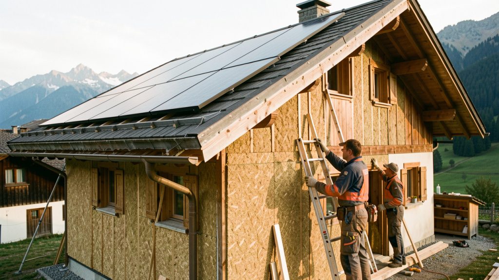 Maison suisse en rénovation énergétique avec deux artisans isolant la façade, panneaux solaires sur le toit et paysage alpin discret en arrière-plan.