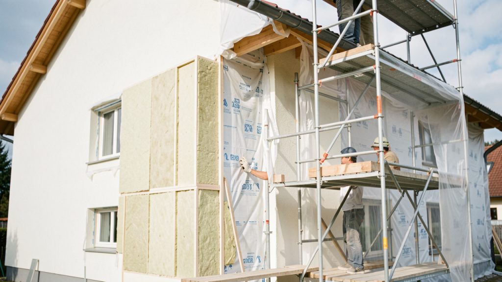 Maison suisse en cours de rénovation énergétique, artisans posant une isolation extérieure sur la façade, échafaudage et éclairage naturel clair, rendu réaliste et détaillé.