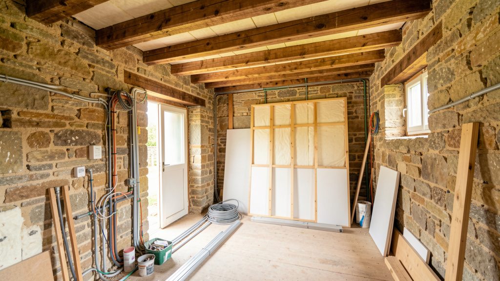 Intérieur d’une ancienne maison en cours de rénovation, avec murs en pierre apparents, poutres restaurées, matériaux d’isolation et équipements techniques soigneusement organisés.