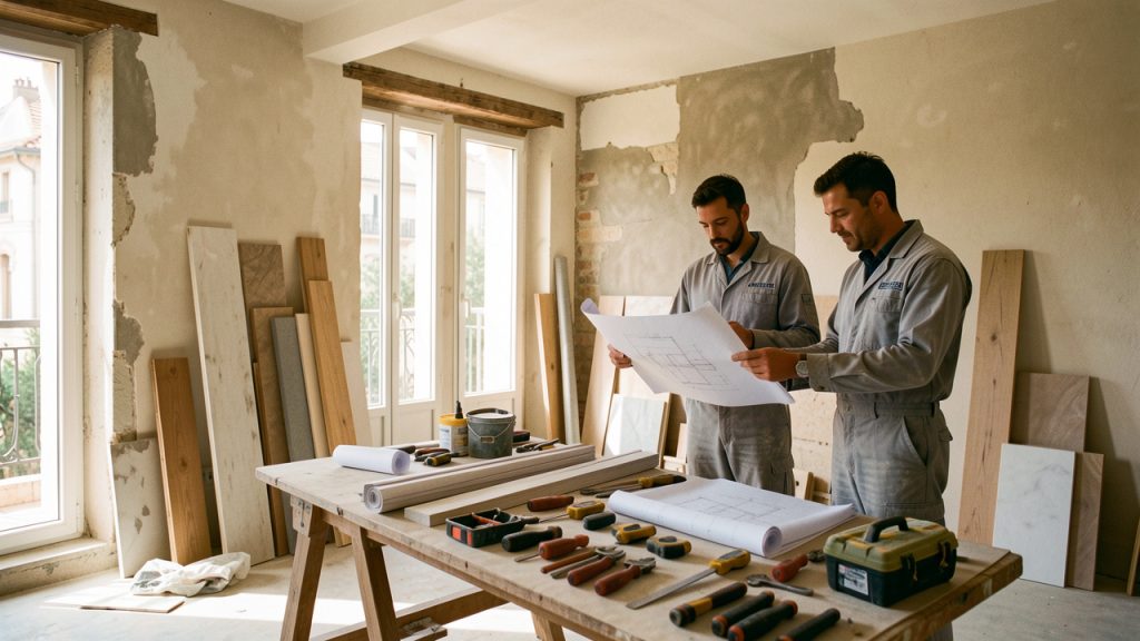 Appartement marseillais en rénovation avec deux ouvriers consultant des plans architecturaux près d’outils propres, éclairé par la lumière naturelle.