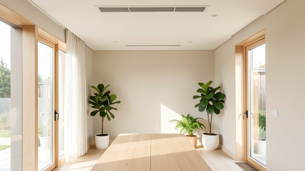 Intérieur de maison rénovée, lumineux et contemporain, avec une bouche de ventilation discrète au plafond et une ambiance saine.