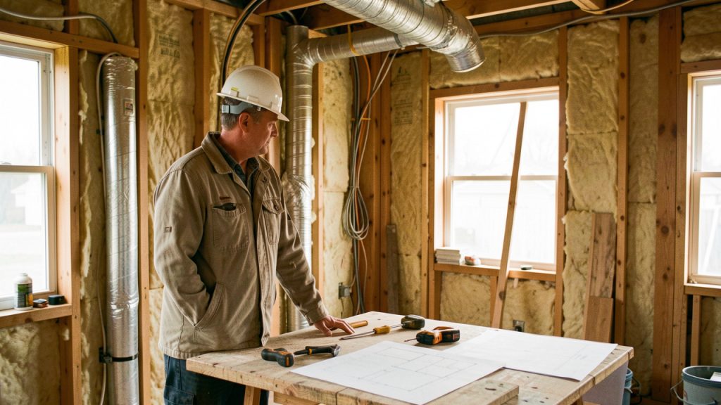 Artisan examinant une maison en rénovation avec isolation apparente, équipements techniques, outils et plans vierges sur un établi, éclairée par la lumière naturelle.