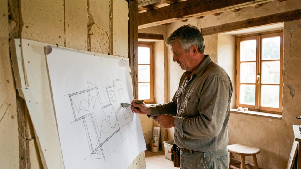 Artisan examinant l’isolation et des plans de rénovation dans une maison individuelle girondine éclairée par la lumière naturelle.