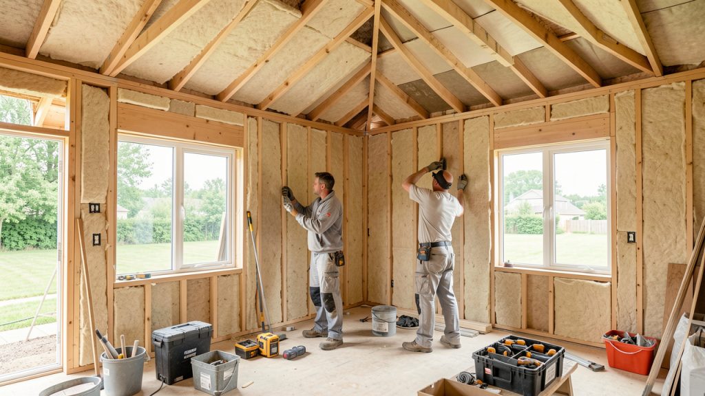 Maison individuelle en rénovation avec deux artisans isolant soigneusement les murs et les combles dans un chantier propre et lumineux.