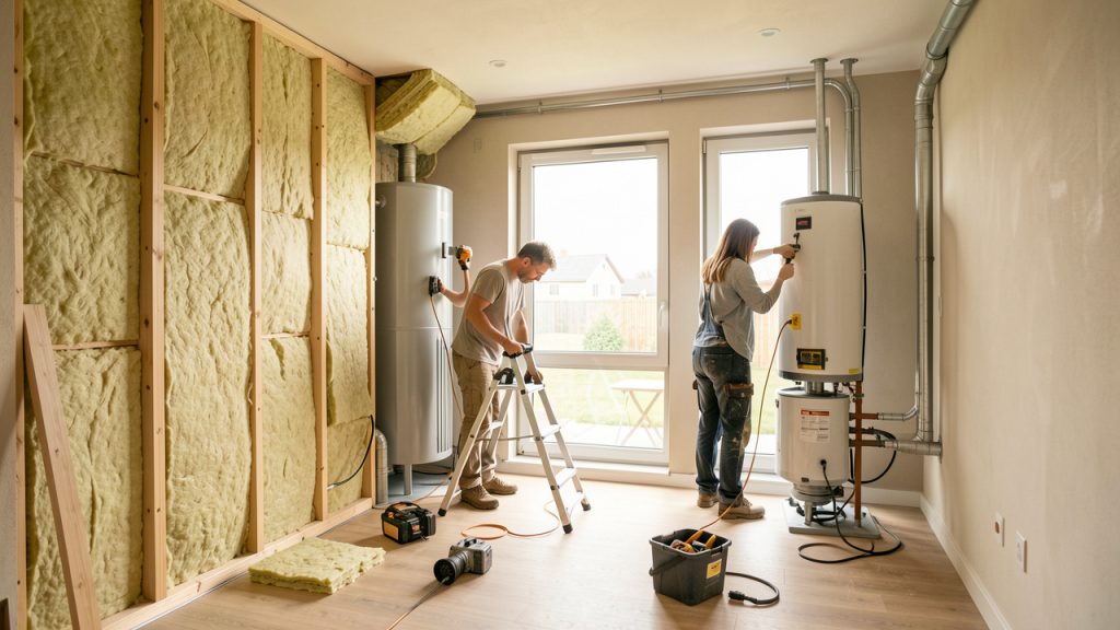 Intérieur d’une maison en rénovation énergétique avec deux artisans, des isolants, de nouvelles fenêtres et des équipements techniques baignés de lumière naturelle.