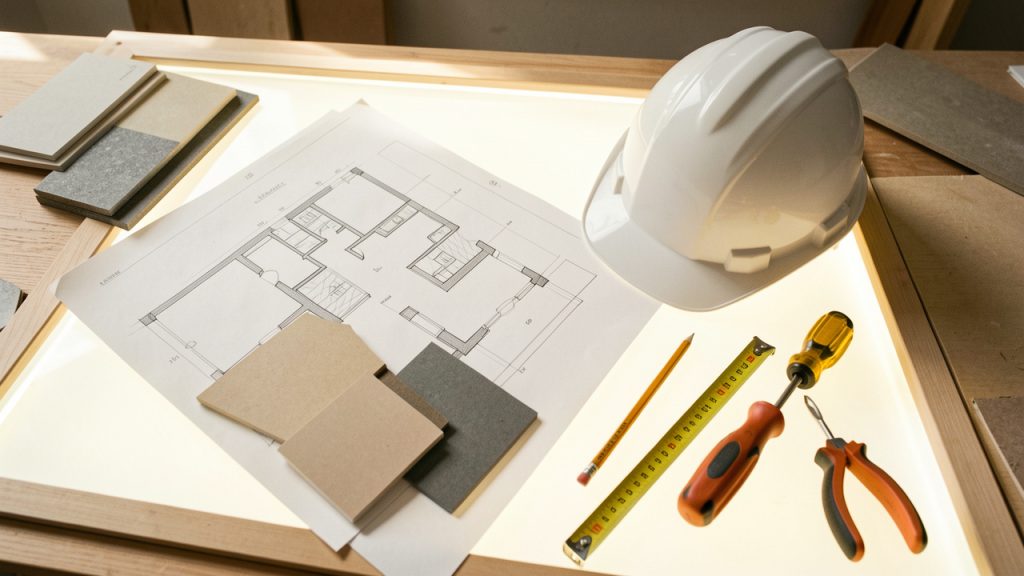 Table lumineuse présentant des plans architecturaux, des échantillons de matériaux, un casque de chantier et plusieurs outils pour la rénovation d’une maison.
