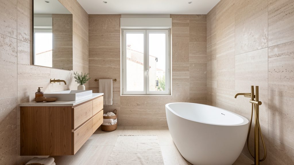 Salle de bains moderne en rénovation à Marseille, avec carrelage en pierre claire, meubles en bois, robinetterie dorée et lumière naturelle.