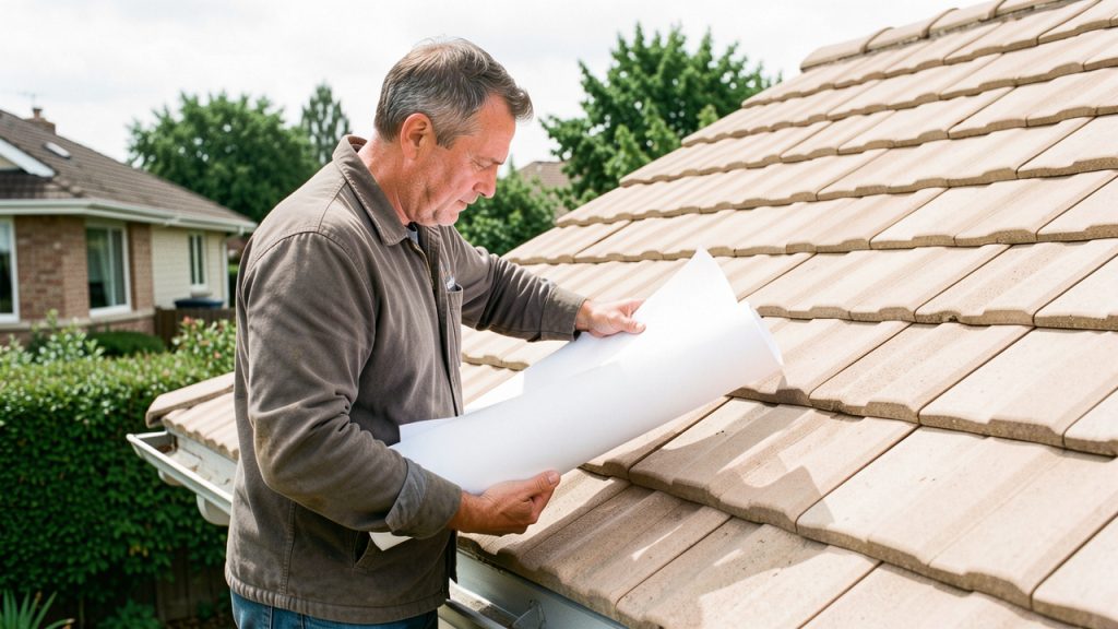 Artisan inspectant une toiture résidentielle depuis l’extérieur avec des plans de rénovation vierges.