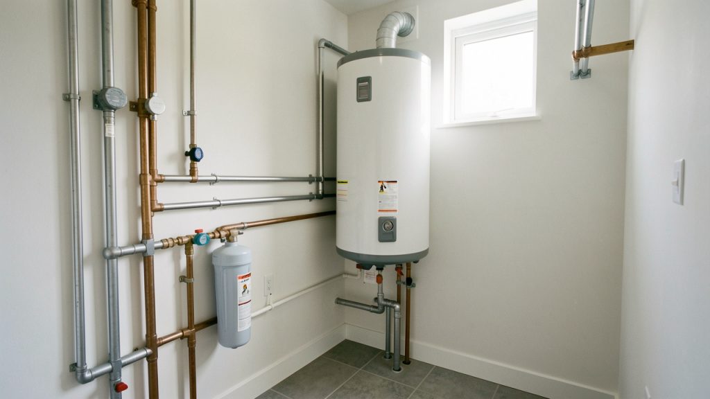 Local technique domestique propre et bien organisé avec tuyaux, filtres, vannes et chauffe-eau éclairé par la lumière naturelle.