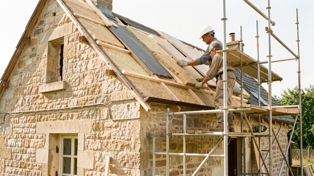 Maison ancienne en rénovation avec deux artisans préparant des travaux de toiture et d’isolation dans une ambiance lumineuse.