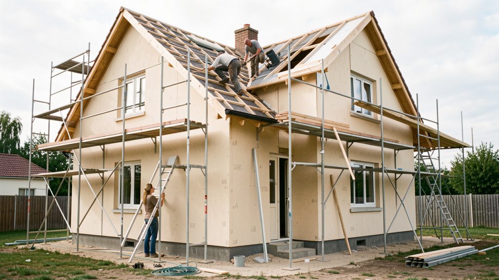 Vue extérieure d’une maison individuelle en rénovation énergétique, avec des artisans travaillant sur l’isolation de la façade et la toiture à la lumière naturelle.