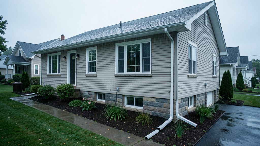 Maison montréalaise bien entretenue sous une pluie régulière, avec des gouttières propres, un terrain drainé et un sous-sol visiblement sec.