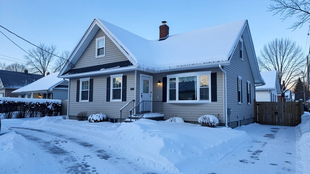 Maison montréalaise en hiver avec toiture enneigée, gouttières dégagées et allée sécurisée sous une lumière froide matinale.