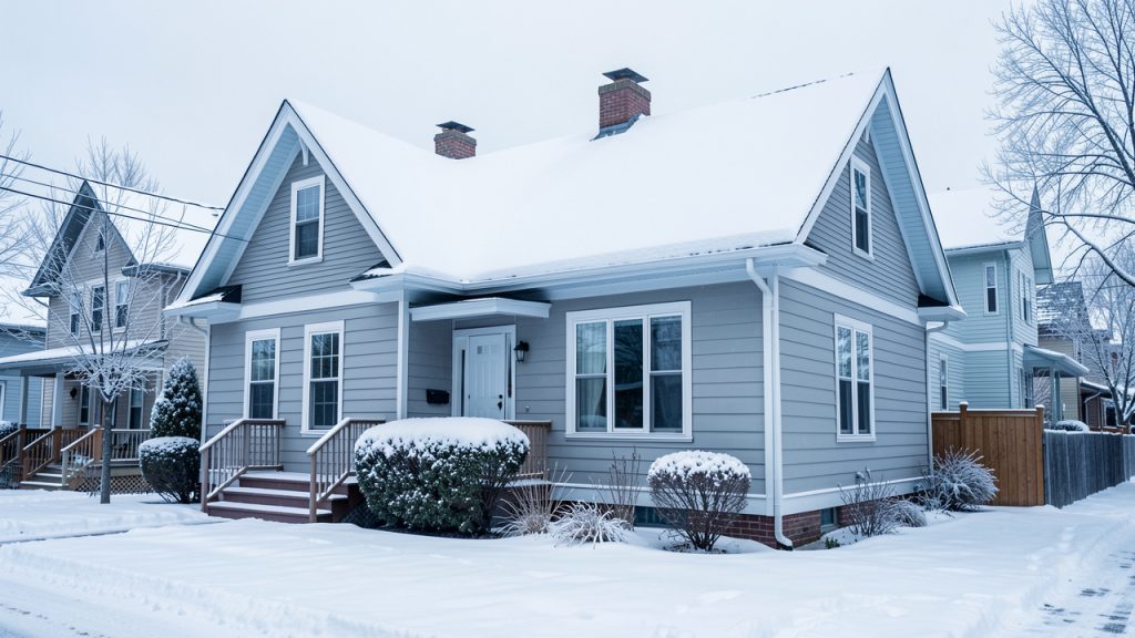 Maison résidentielle montréalaise en hiver, avec une toiture proprement couverte de neige et des gouttières dégagées, dans une ambiance froide et paisible.
