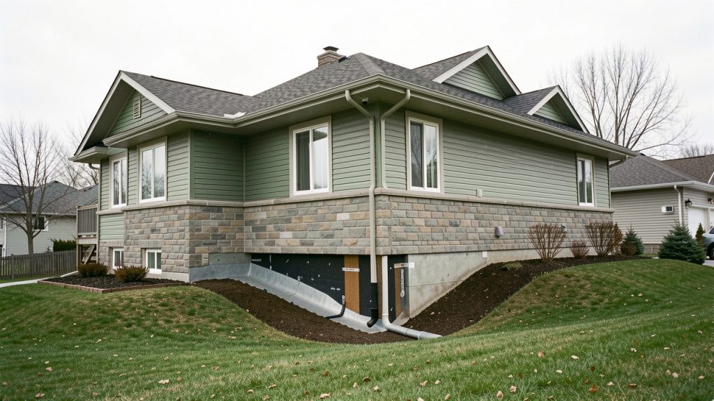 Maison montréalaise réaliste avec sous-sol protégé, drainage extérieur, gouttières et terrain en pente douce.