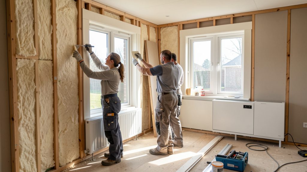 Artisans coordonnant la rénovation énergétique d'une maison avec isolation, fenêtres performantes et équipements techniques sous une lumière naturelle.
