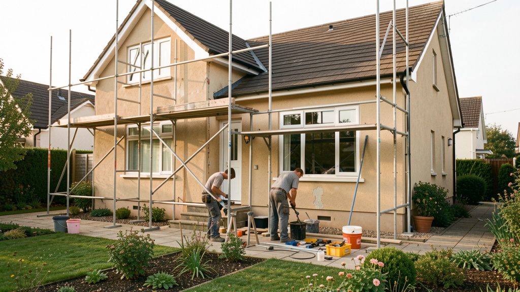 Maison en rénovation extérieure avec un échafaudage discret et deux artisans préparant soigneusement le chantier à la lumière naturelle.