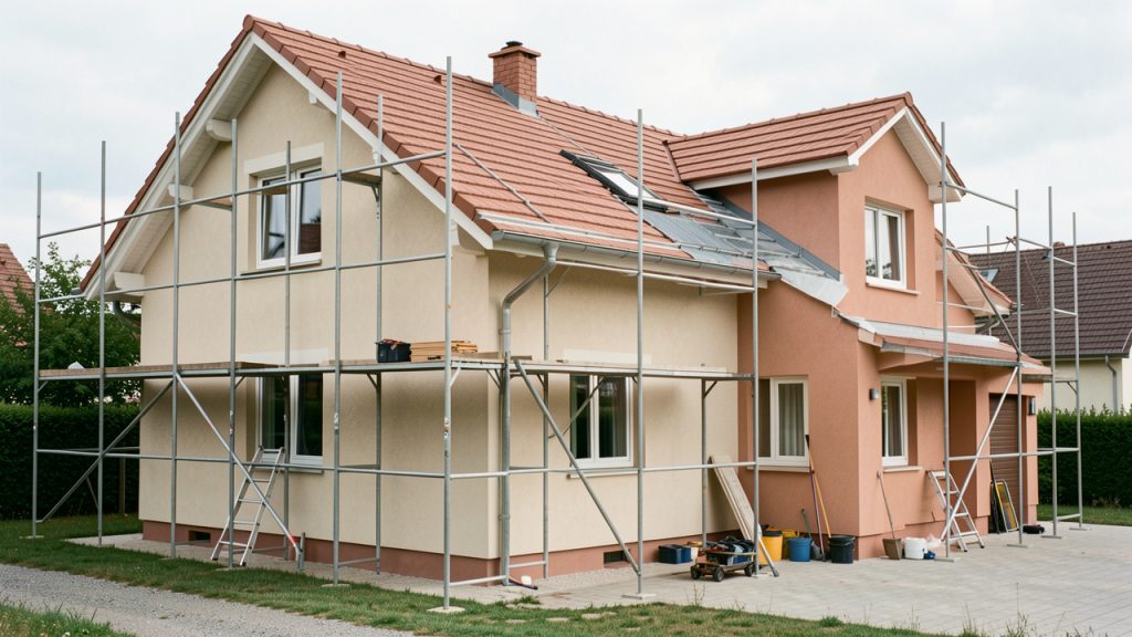 Maison en rénovation extérieure avec échafaudage discret, toiture et façade inspectées à la lumière naturelle.