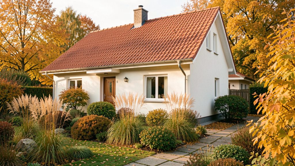 Maison avec toiture en tuiles, gouttières propres et jardin automnal éclairé par une lumière douce.