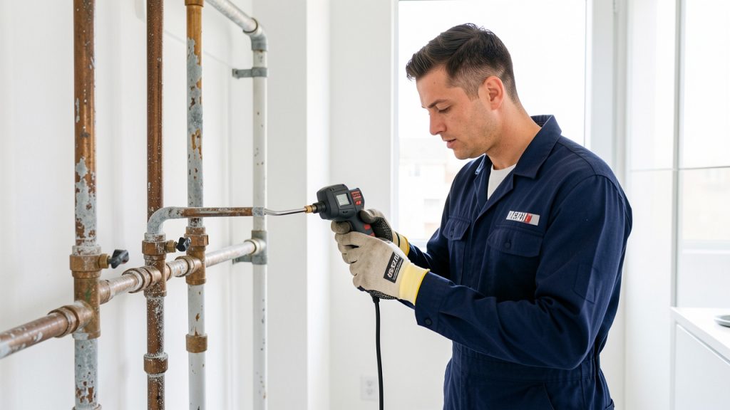 Un plombier inspecte des tuyaux sanitaires couverts de calcaire dans un local technique lumineux d’une maison moderne.