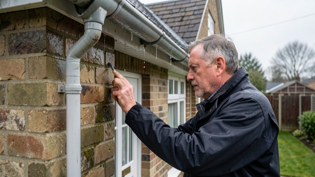 Un homme inspecte attentivement la façade et les gouttières d’une maison après la pluie, dans une ambiance réaliste et lumineuse.