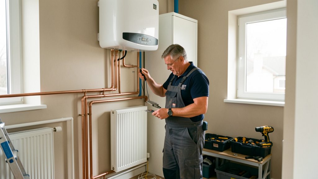 Un technicien examine et rénove une installation de chauffage moderne dans un local technique propre.
