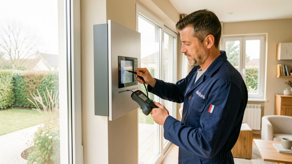 Un technicien inspecte une installation de chauffage moderne dans une maison lumineuse de l’Essonne.
