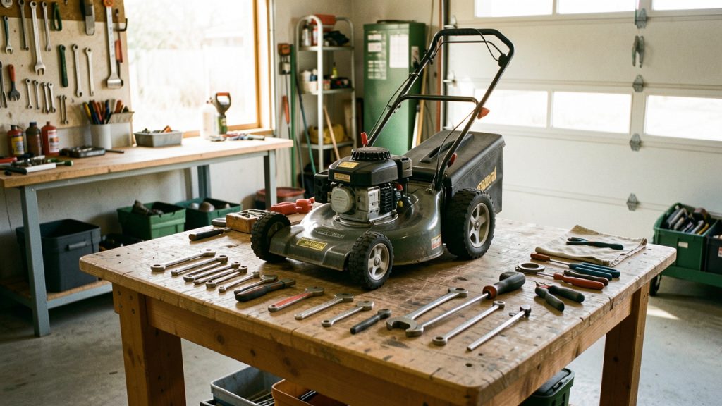 Tondeuse thermique propre posée dans un garage, avec des outils d’entretien soigneusement disposés sur un établi et éclairés par la lumière naturelle.