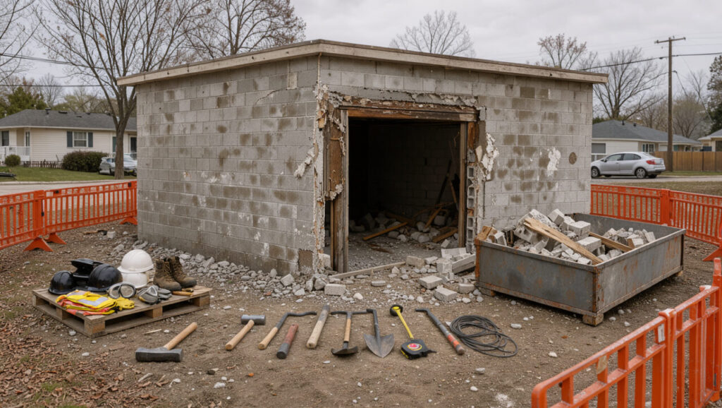 Garage indépendant en parpaings avant démolition, entouré de barrières de sécurité, d’une benne et d’équipements de protection sur un chantier résidentiel.