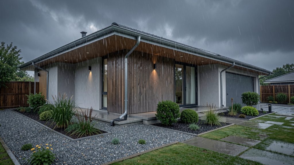 Maison contemporaine sous une pluie intense, avec des gouttières propres et un jardin bien drainé.