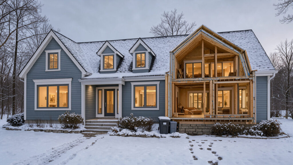 Maison québécoise sous une douce neige hivernale, avec isolation extérieure visible, fenêtres modernes et toiture rénovée pour améliorer l’efficacité énergétique.