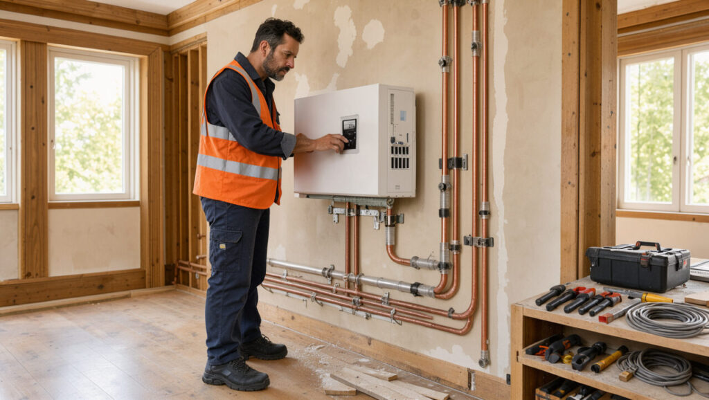 Artisan examinant un système de chauffage moderne dans une maison en rénovation lumineuse.