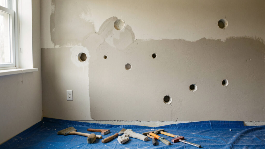 Mur intérieur en rénovation avec des trous soigneusement rebouchés et des outils de préparation disposés sur une bâche, éclairé par une lumière naturelle réaliste.