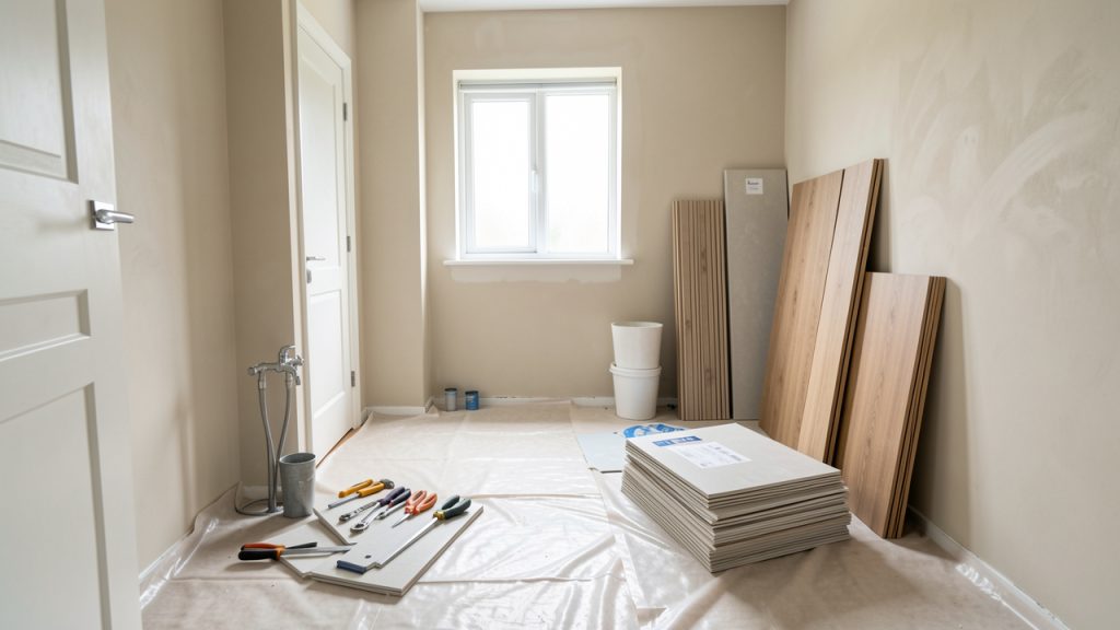 Salle de bain en rénovation avec sol protégé, outils soigneusement rangés et matériaux prêts à poser.