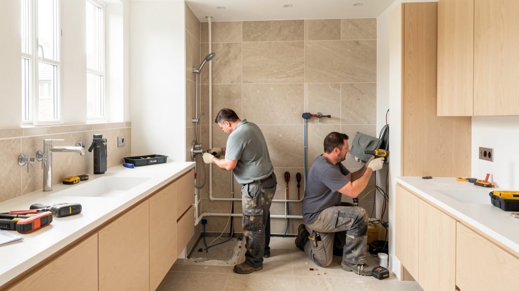 Salle de bains moderne en rénovation, avec deux artisans préparant soigneusement les réseaux, des matériaux élégants et une abondante lumière naturelle.