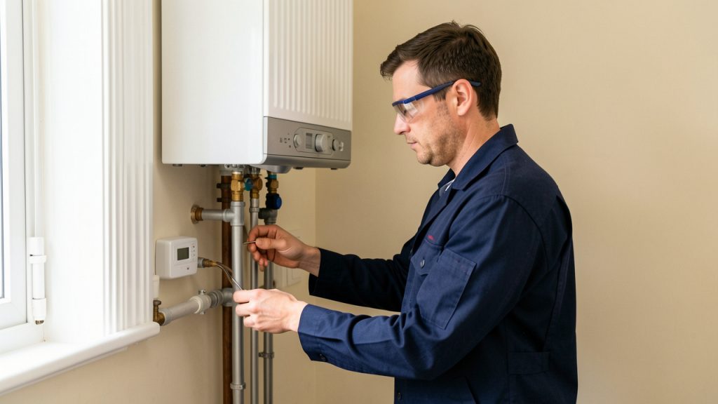Un technicien inspecte une installation de chauffage domestique dans une buanderie lumineuse, avec des radiateurs et un thermostat visibles.