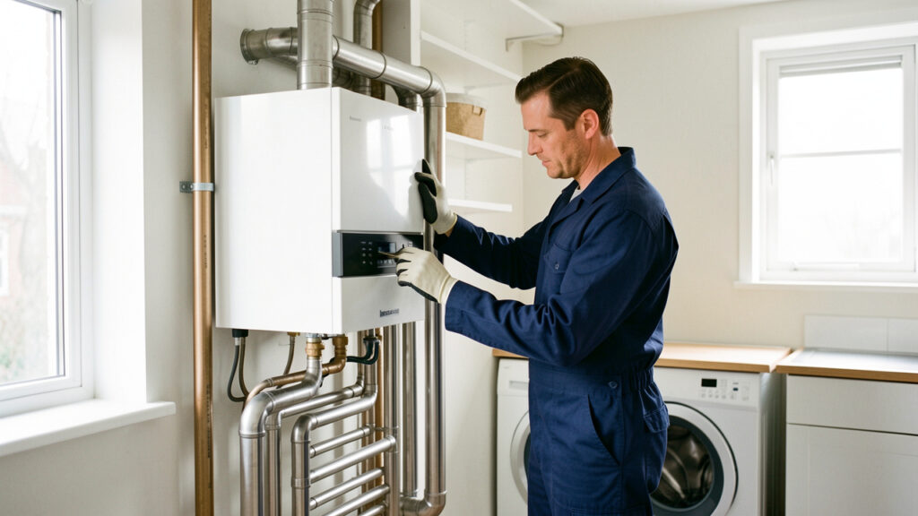 Un technicien vérifie une installation moderne de chauffage central dans une buanderie lumineuse et bien rangée.